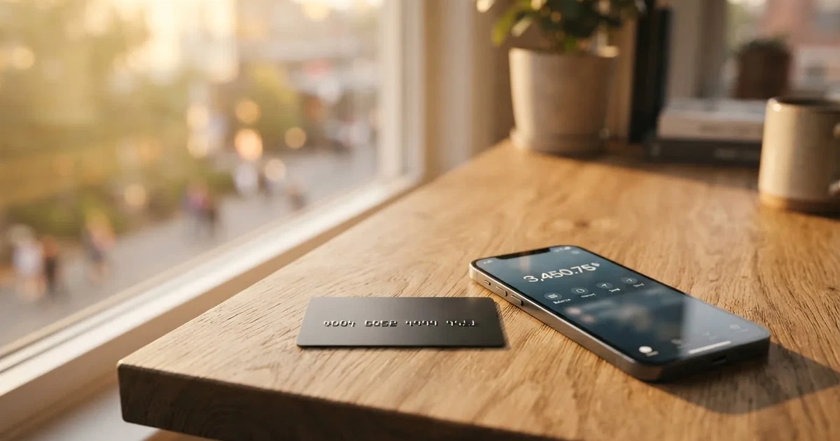 A payment card next to a phone with a crypto wallet app open
