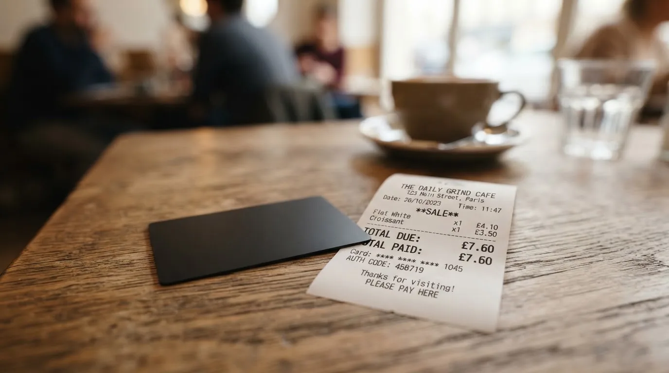 A receipt and a card on a café table
