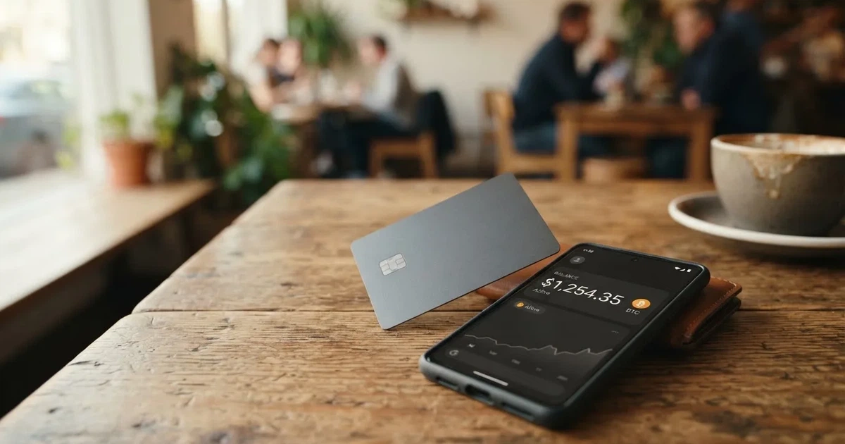 A payment card next to a phone with a crypto wallet app open