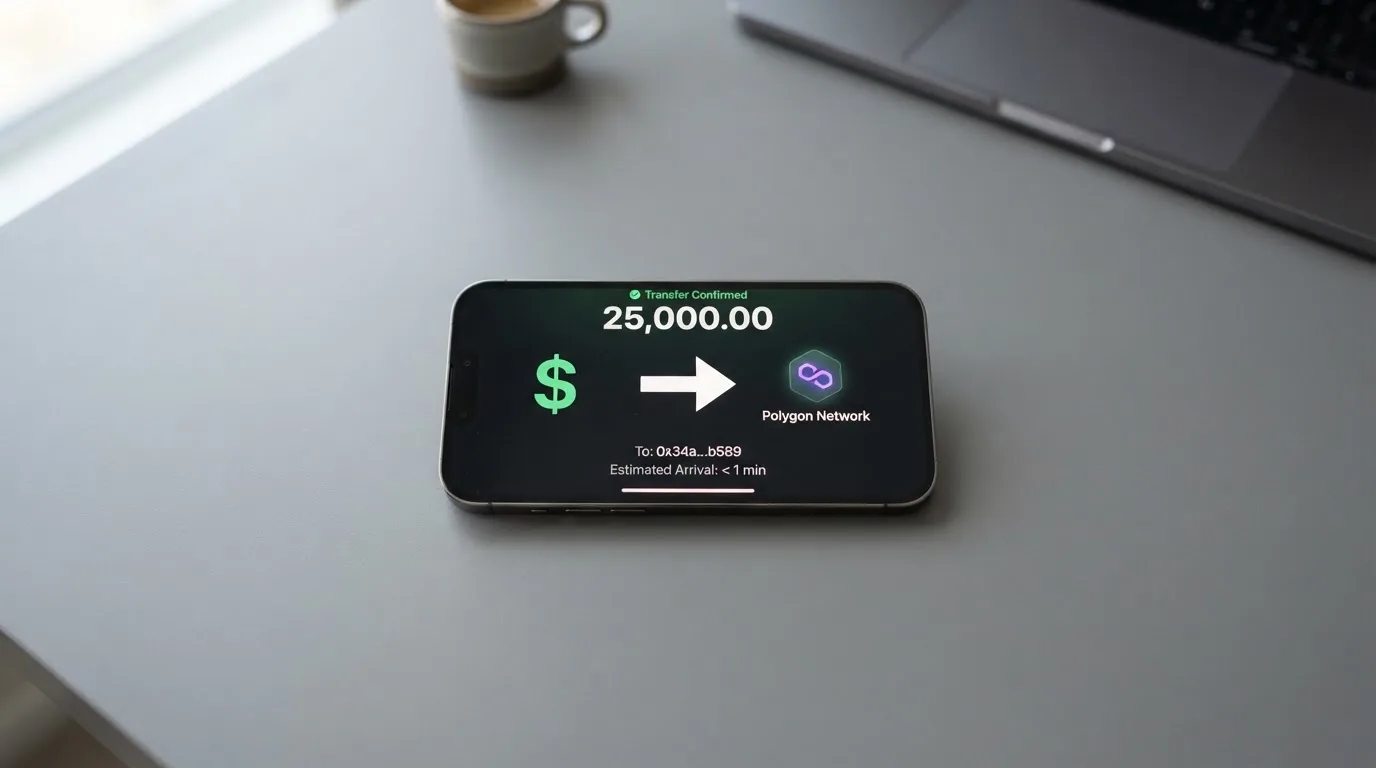 A phone showing a stablecoin transfer screen