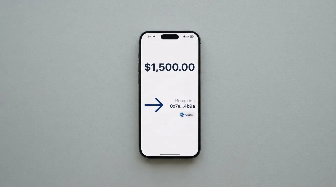 A phone showing a stablecoin transfer screen