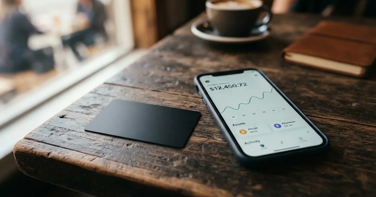 A payment card next to a phone with a crypto wallet app open
