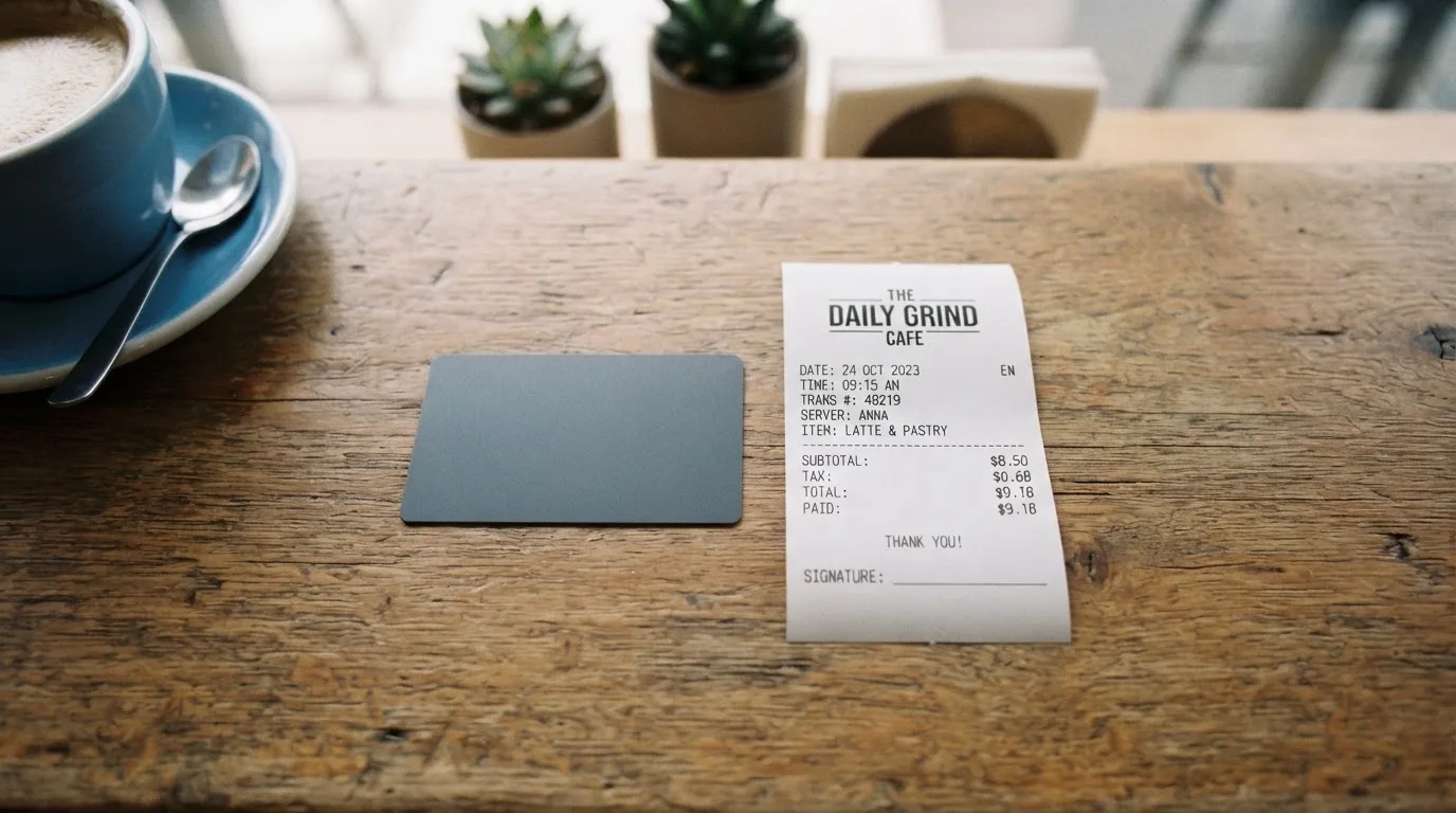 A receipt and a card on a café table