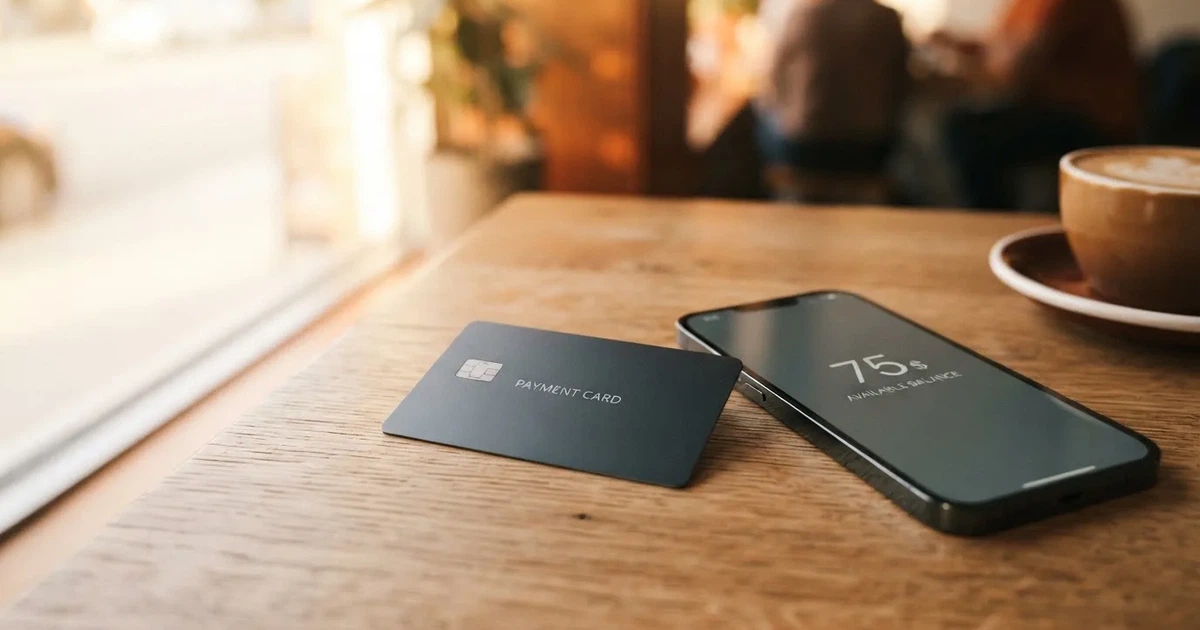 A payment card next to a phone with a crypto wallet app open