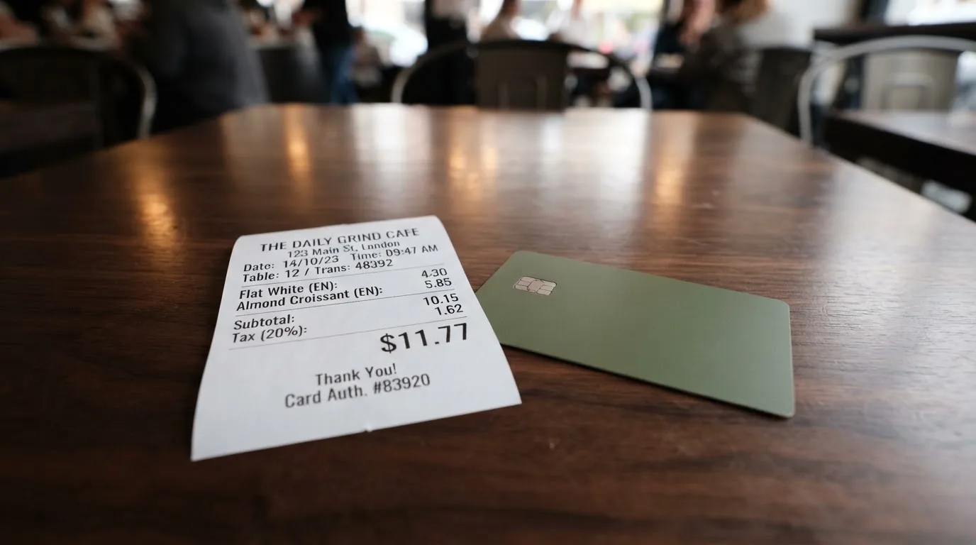 A receipt and a card on a café table