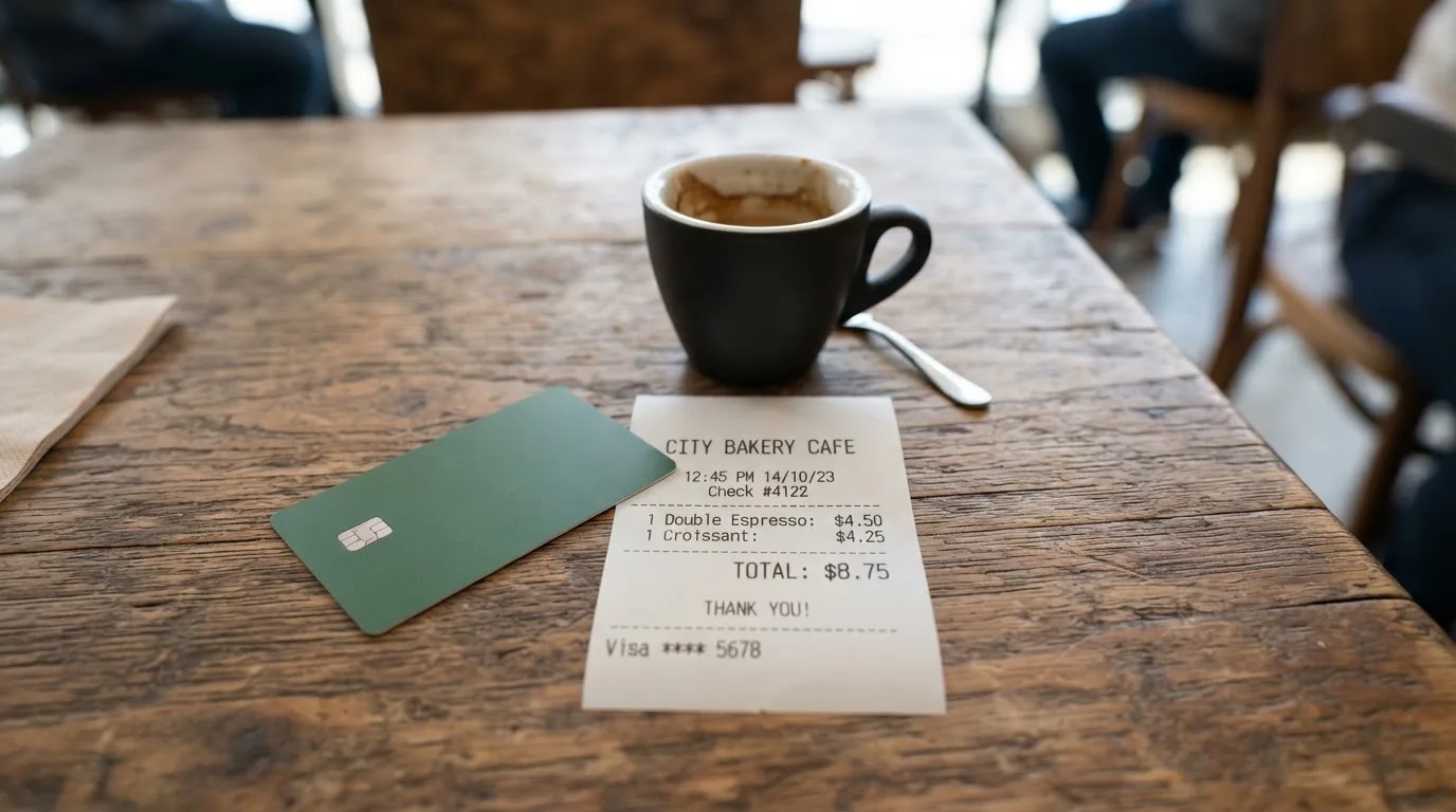 A receipt and a card on a café table