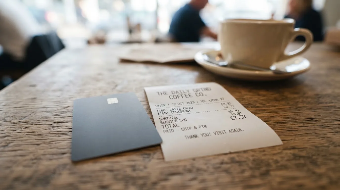 A receipt and a card on a café table