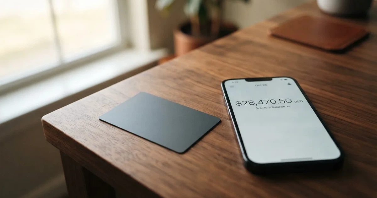 A payment card next to a phone with a crypto wallet app open