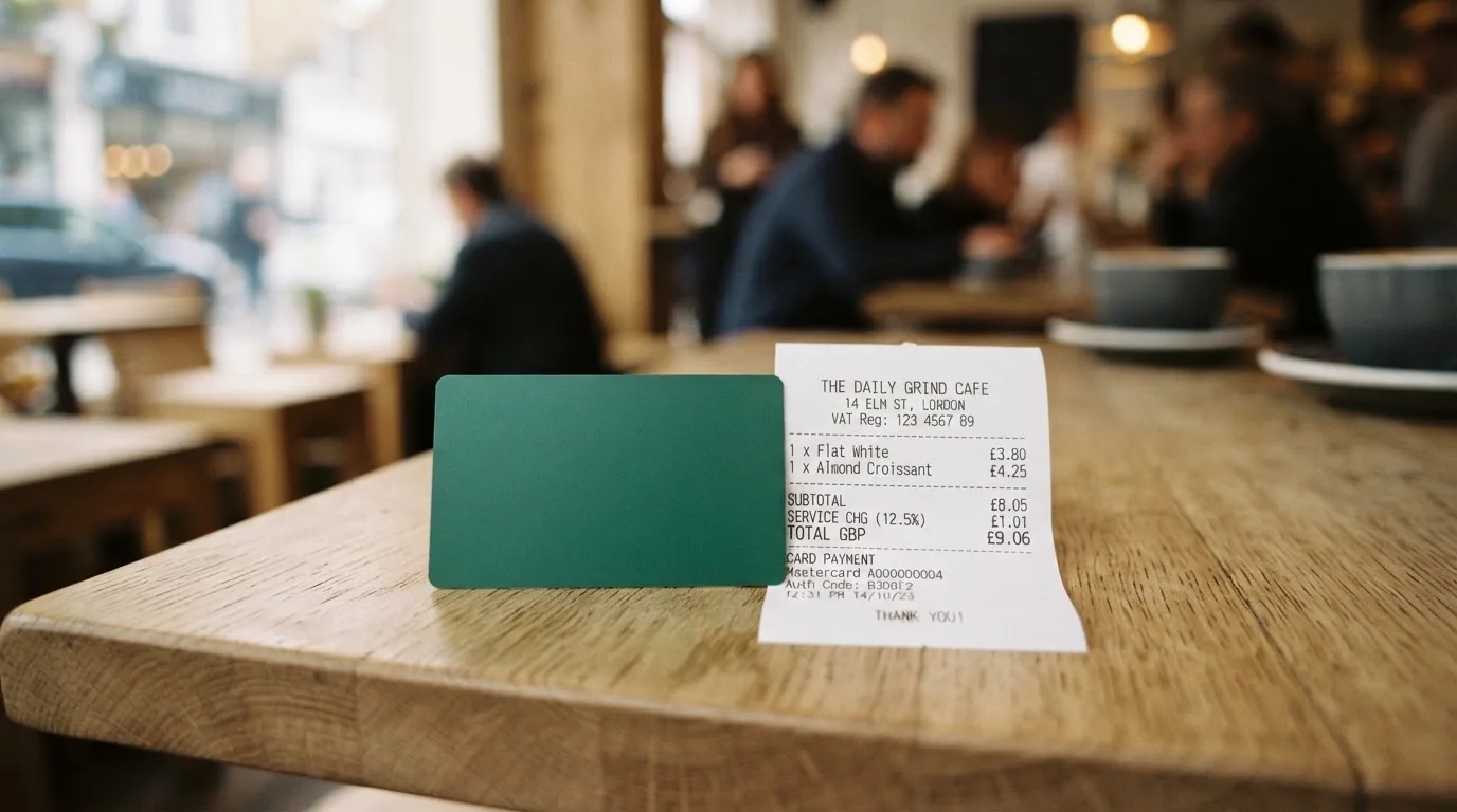 A receipt and a card on a café table