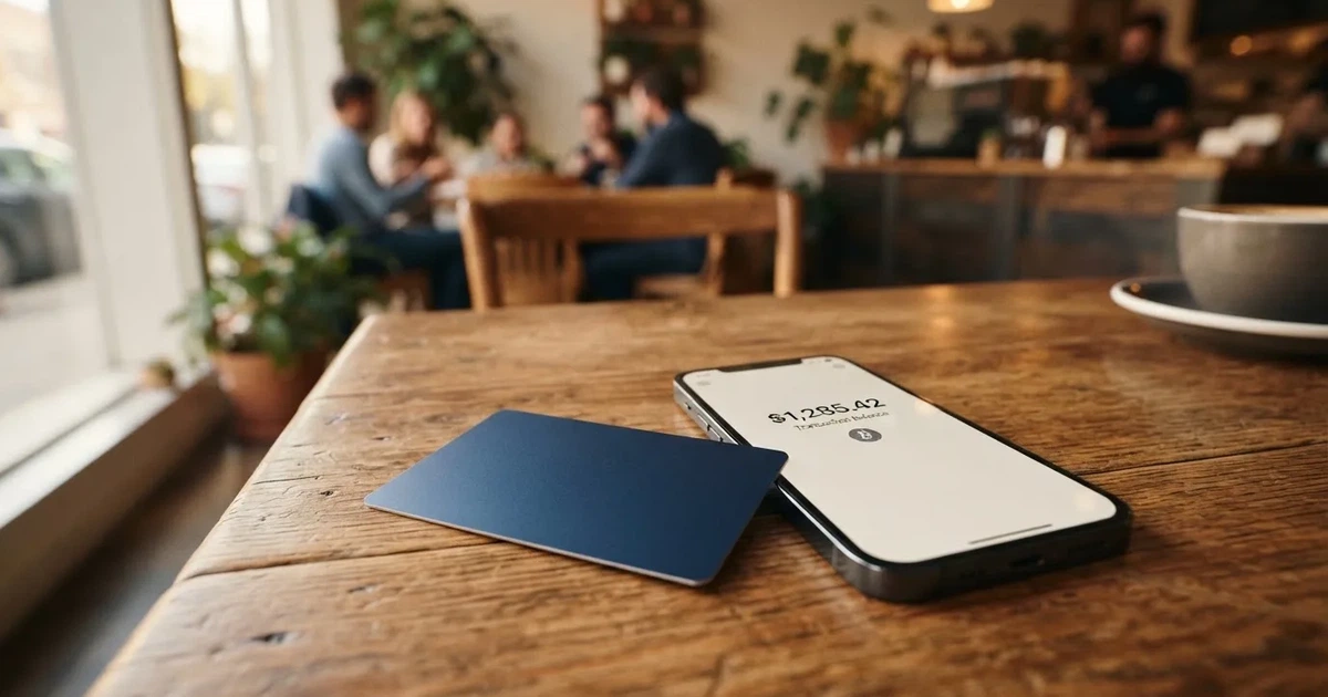 A payment card next to a phone with a crypto wallet app open