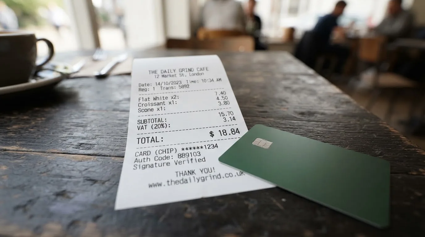 A receipt and a card on a café table