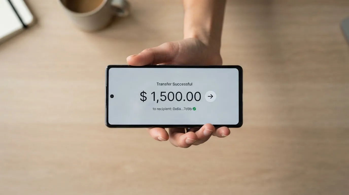 A phone showing a stablecoin transfer screen