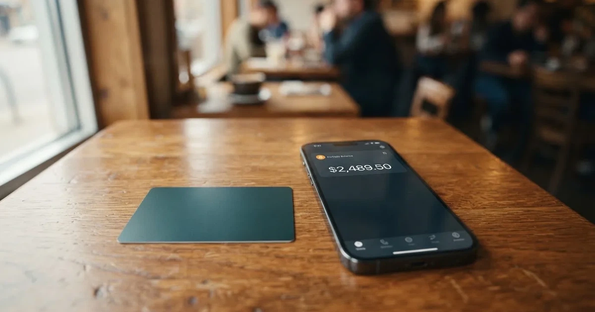 A payment card next to a phone with a crypto wallet app open