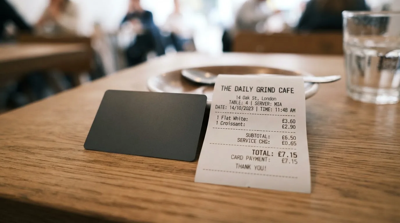 A receipt and a card on a café table