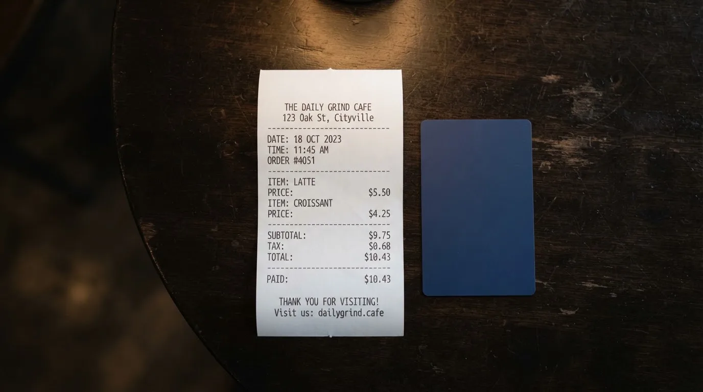A receipt and a card on a café table