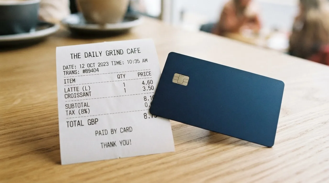 A receipt and a card on a café table