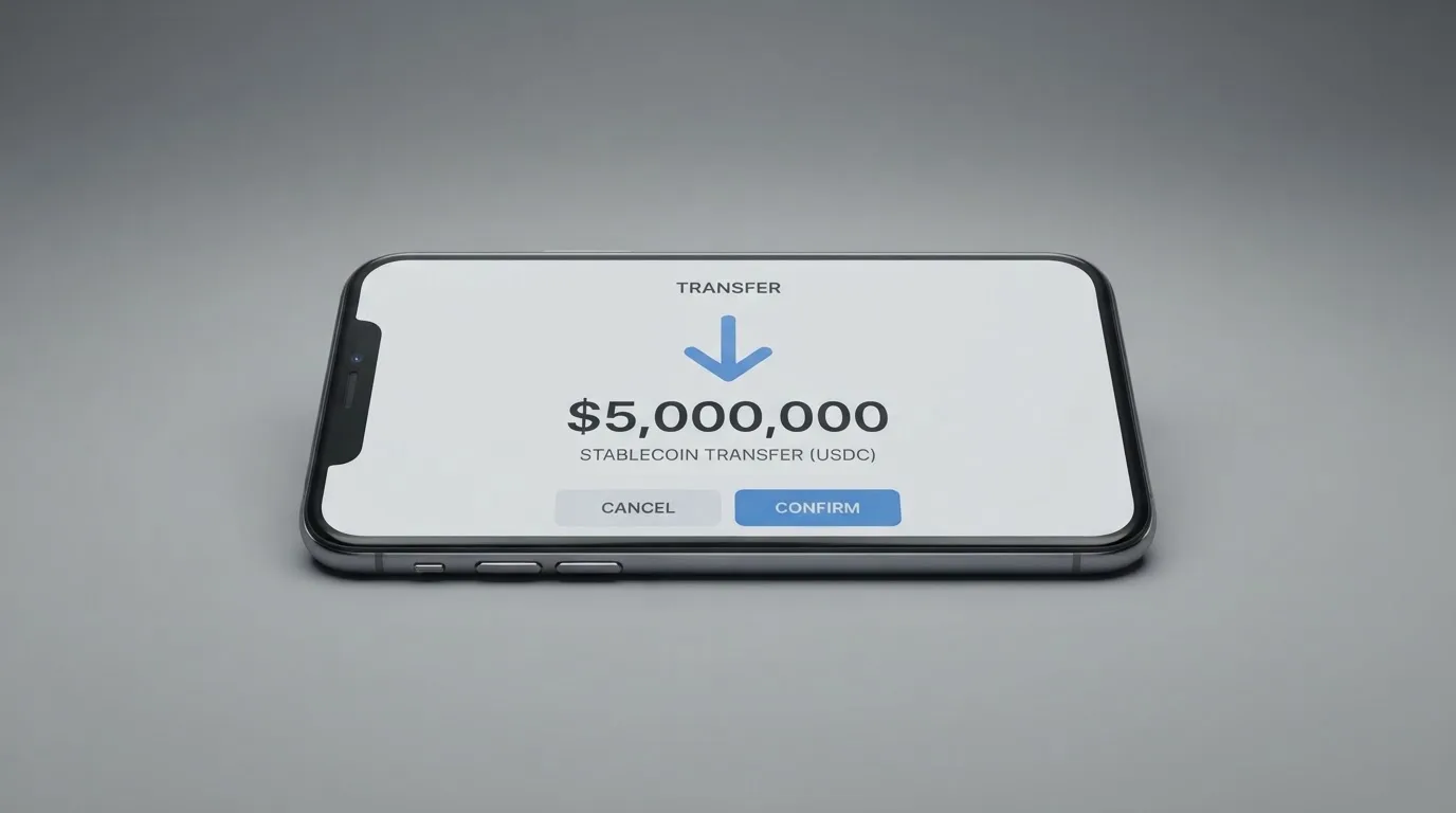 A phone showing a stablecoin transfer screen