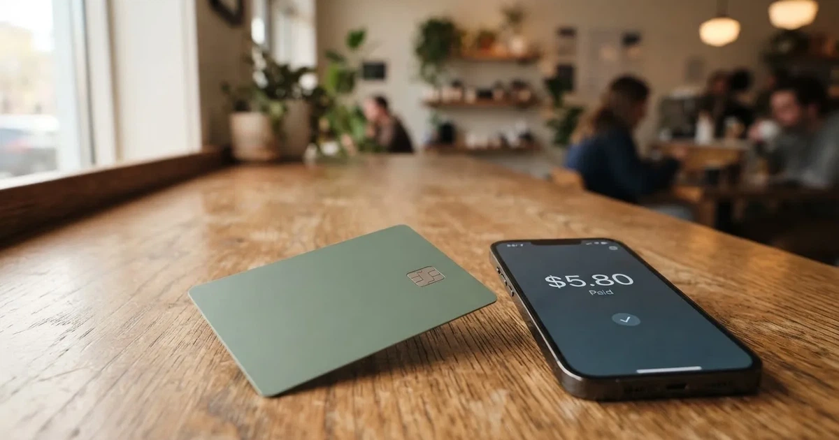 A payment card next to a phone with a crypto wallet app open