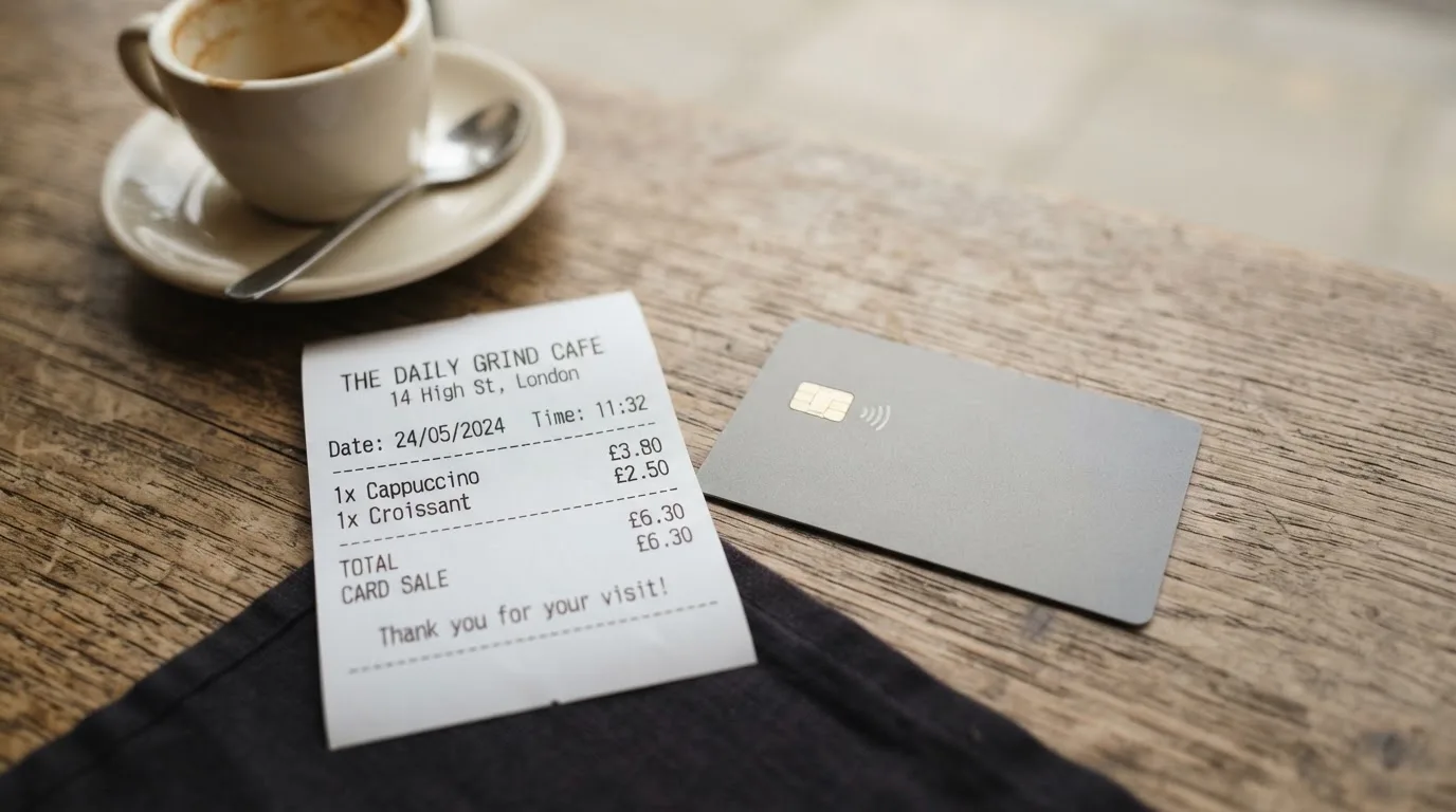 A receipt and a card on a café table