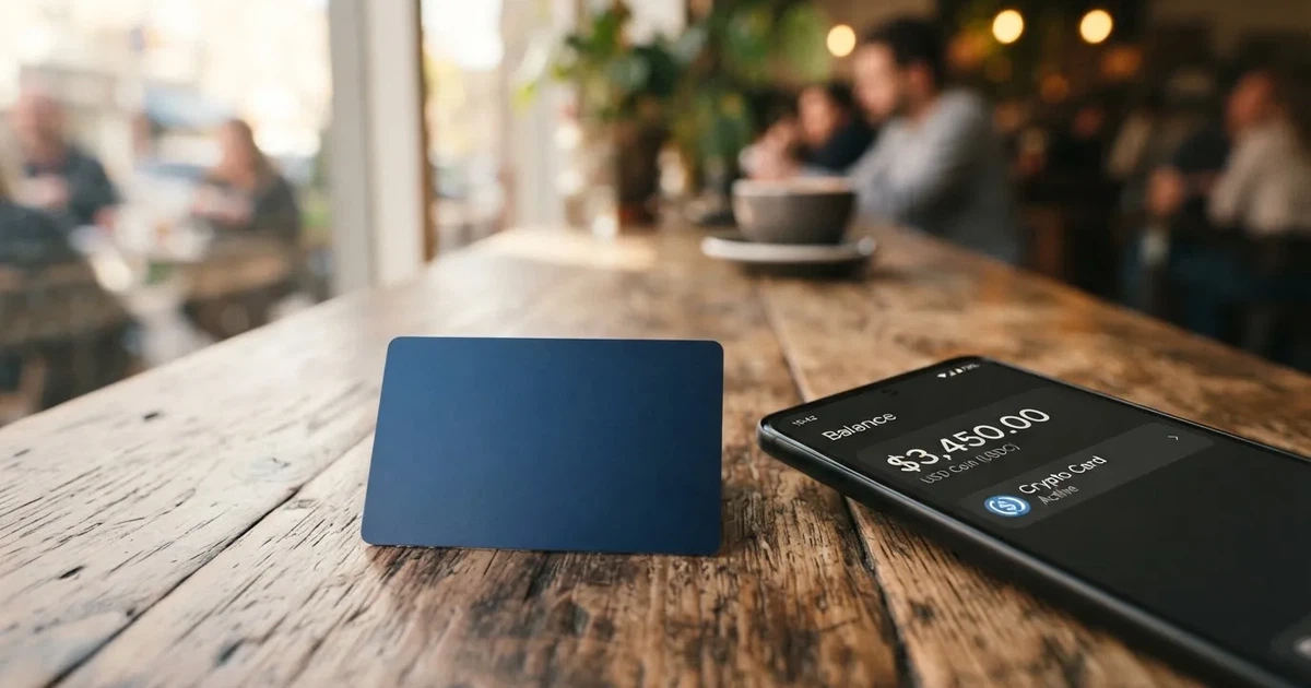 A payment card next to a phone with a crypto wallet app open