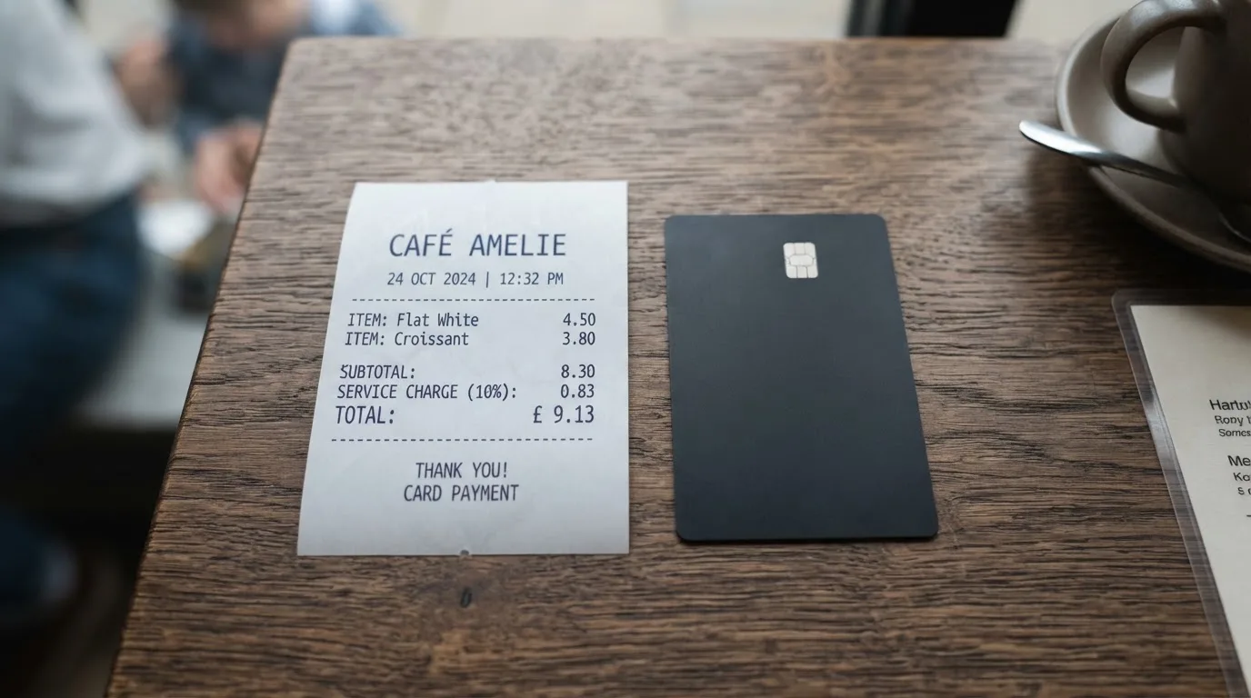 A receipt and a card on a café table