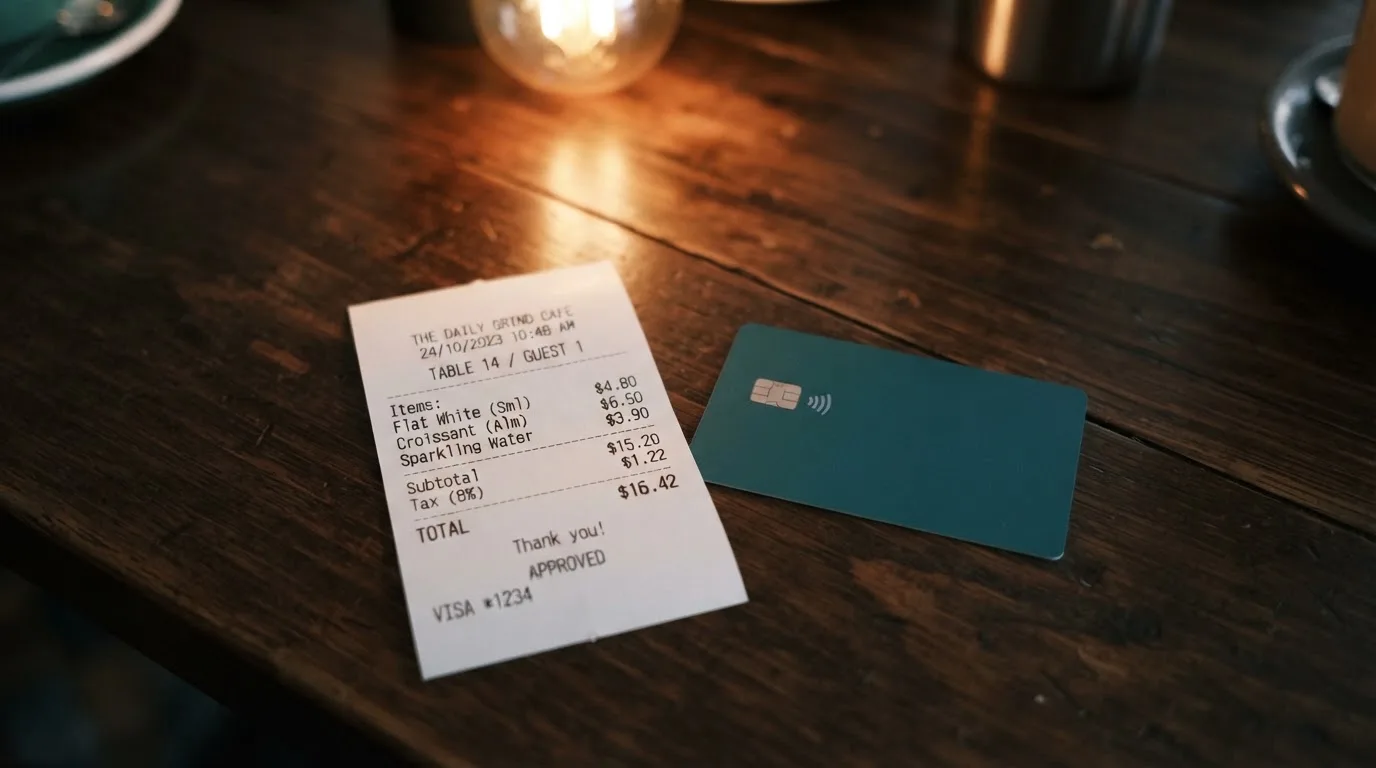 A receipt and a card on a café table