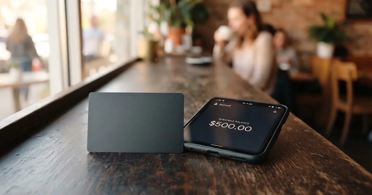 A payment card next to a phone with a crypto wallet app open