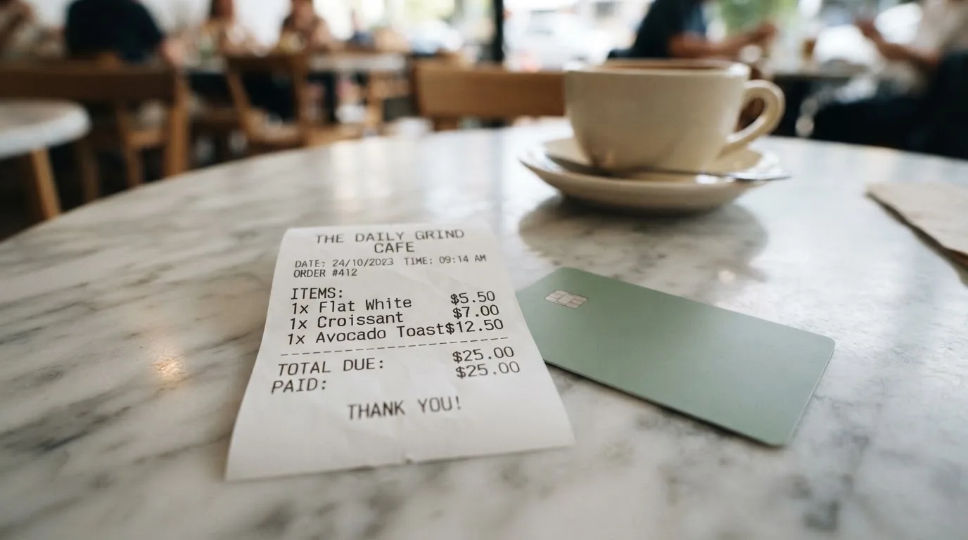 A receipt and a card on a café table