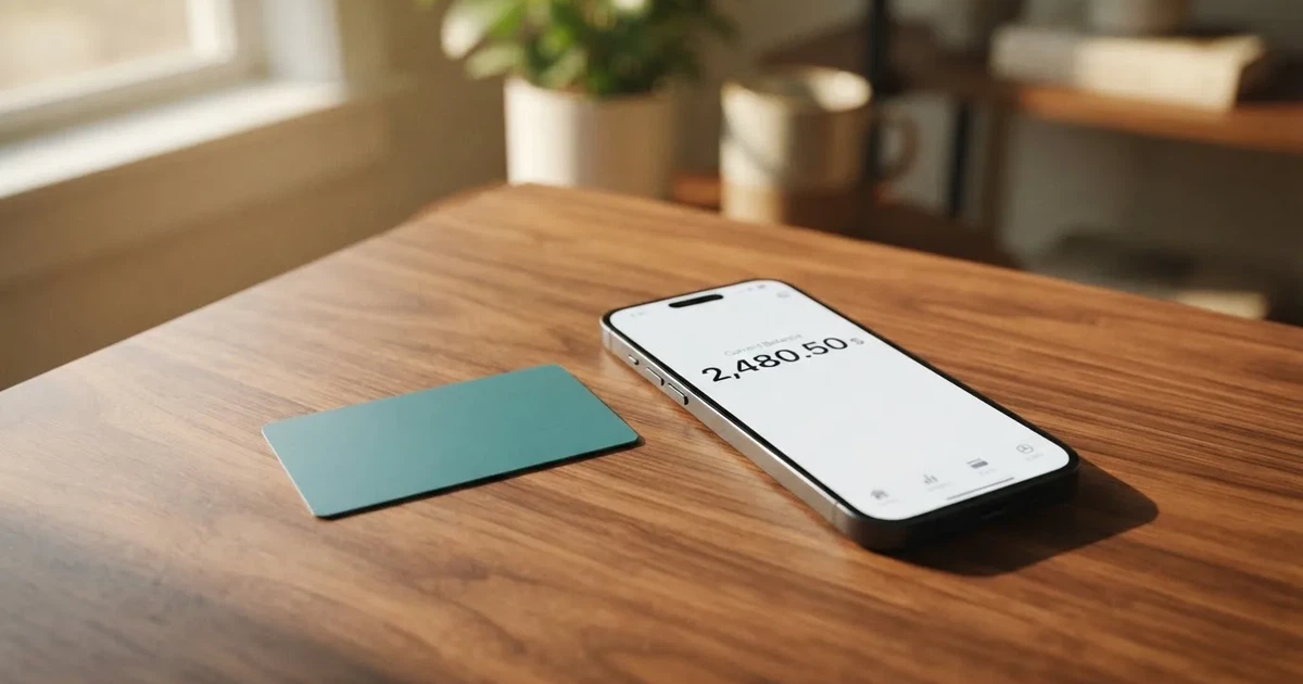 A payment card next to a phone with a crypto wallet app open