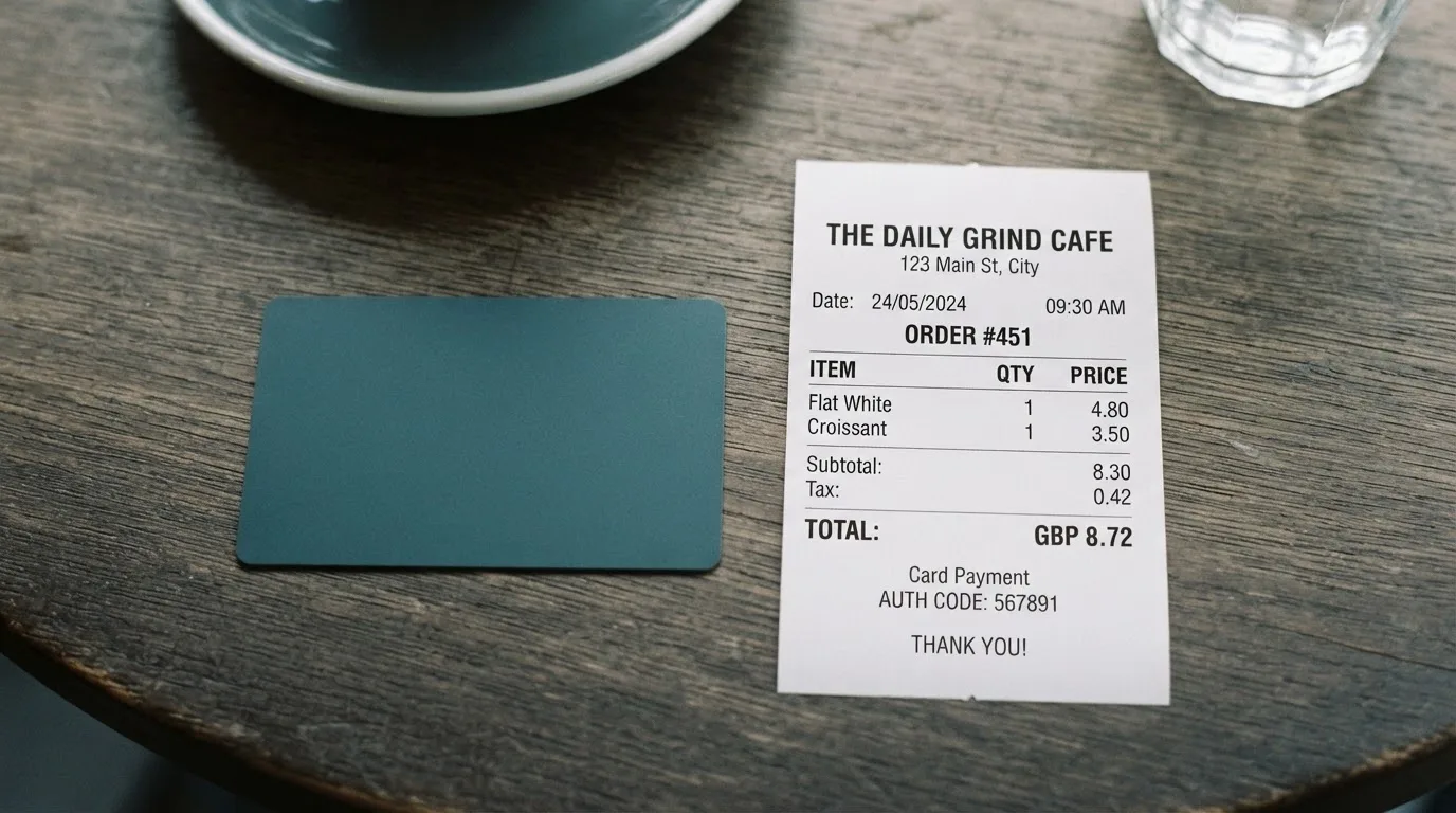 A receipt and a card on a café table
