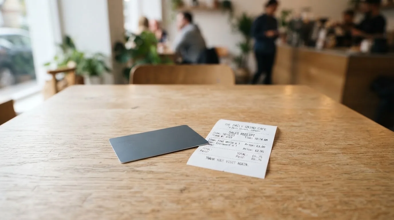 A receipt and a card on a café table