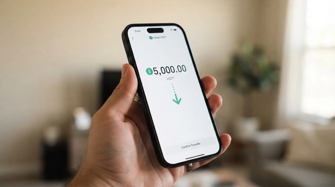 A phone showing a stablecoin transfer screen