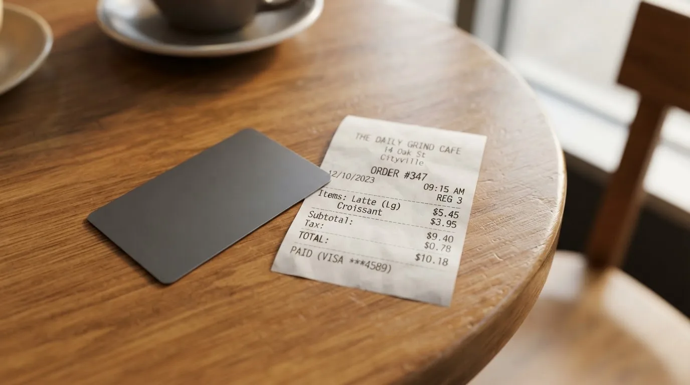 A receipt and a card on a café table