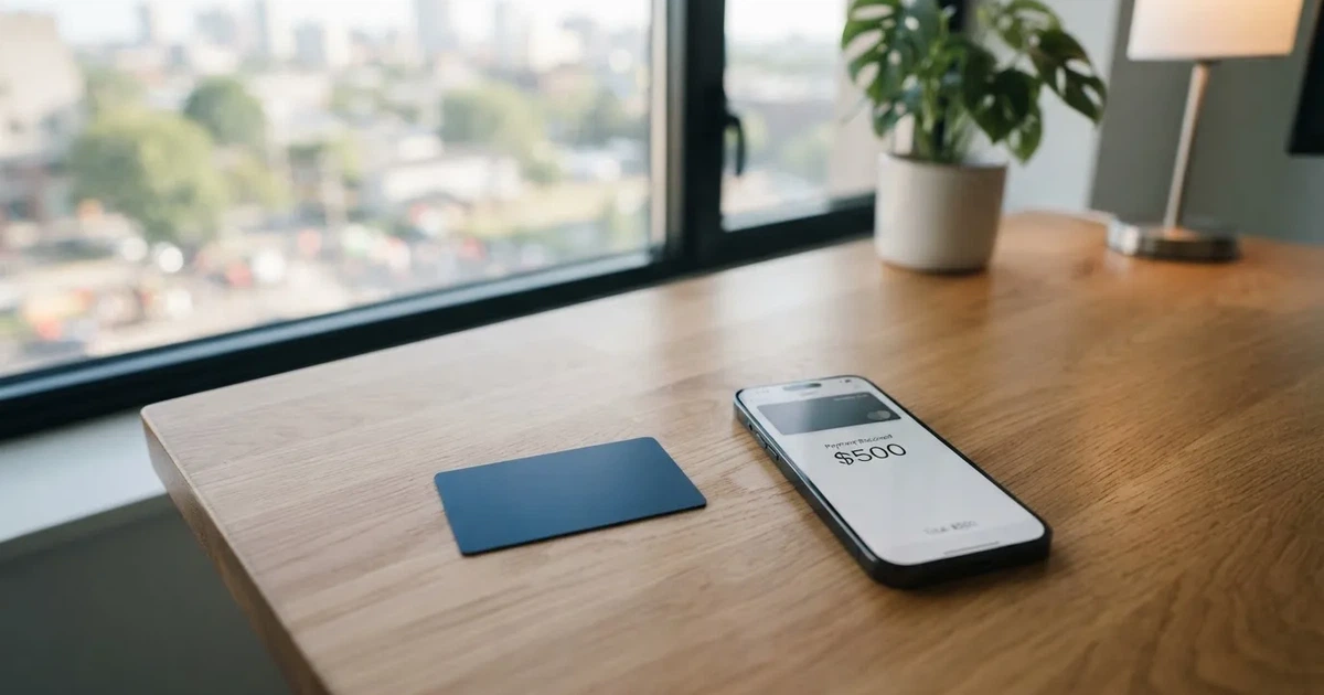 A payment card next to a phone with a crypto wallet app open