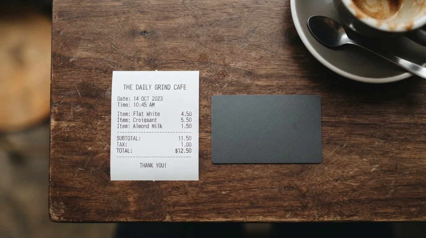 A receipt and a card on a café table