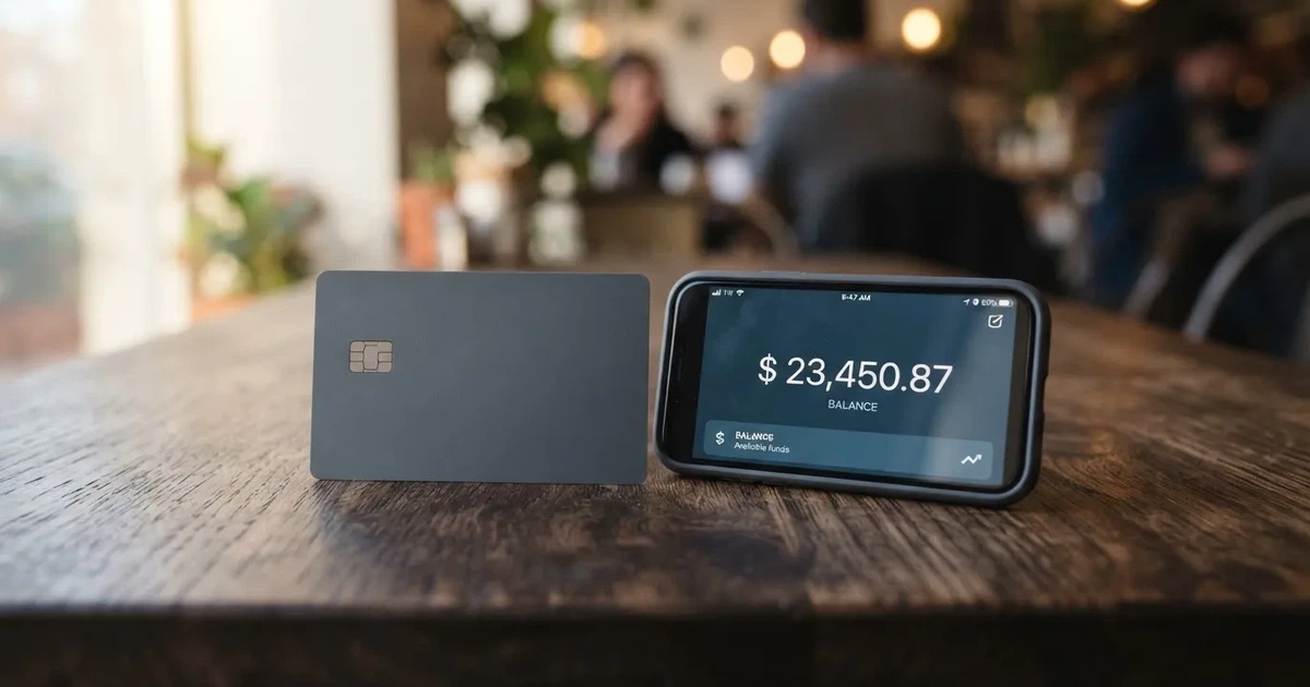 A payment card next to a phone with a crypto wallet app open