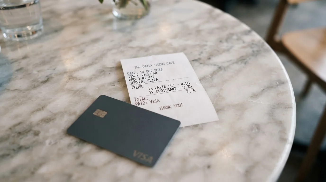 A receipt and a card on a café table
