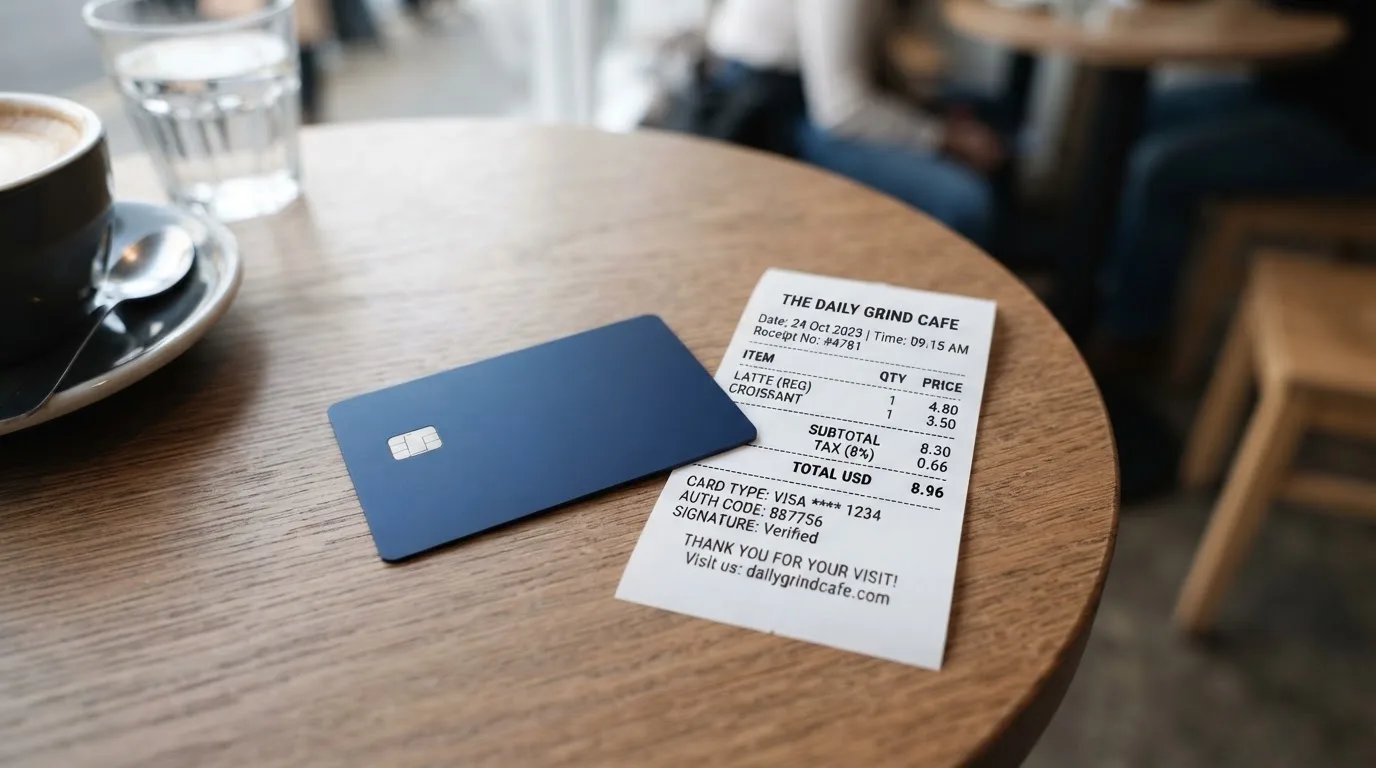 A receipt and a card on a café table