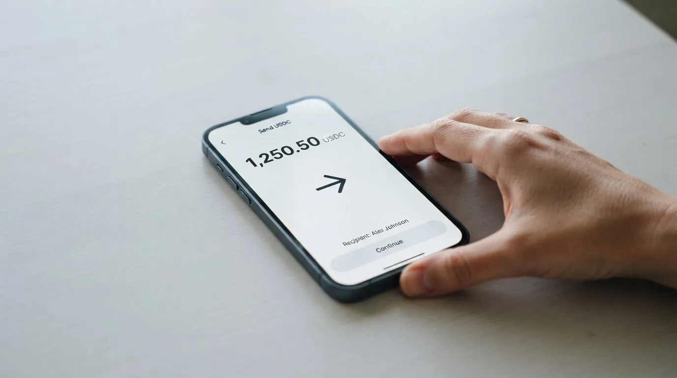 A phone showing a stablecoin transfer screen