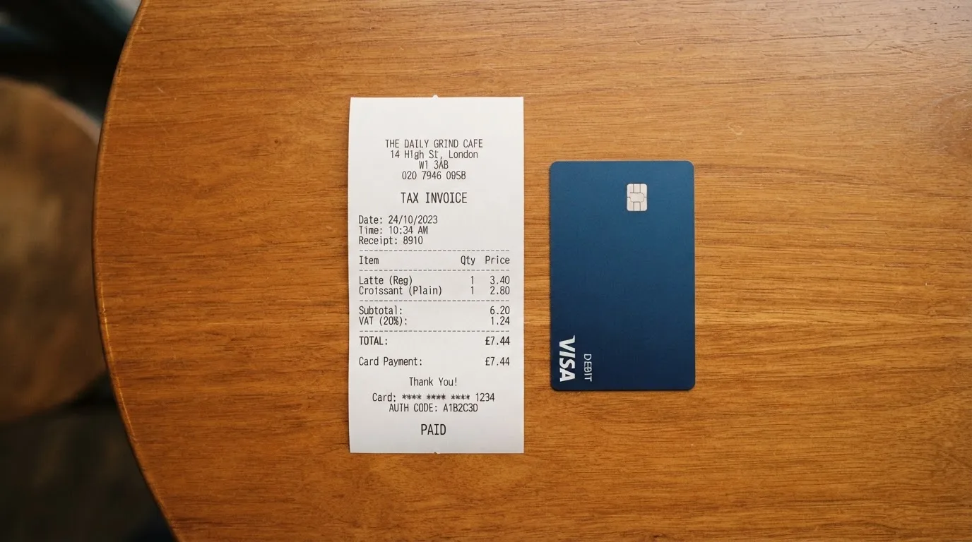 A receipt and a card on a café table