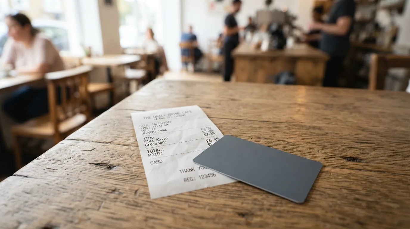 A receipt and a card on a café table