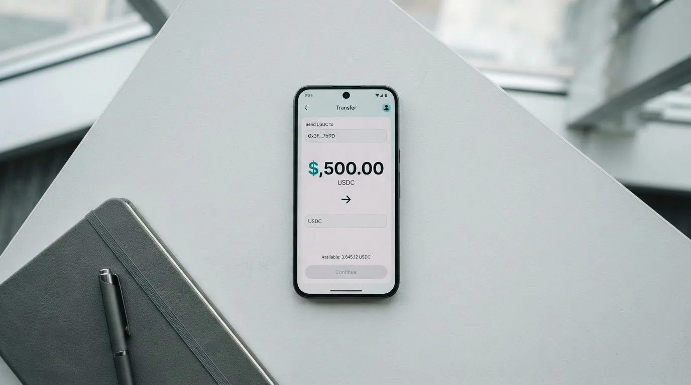 A phone showing a stablecoin transfer screen
