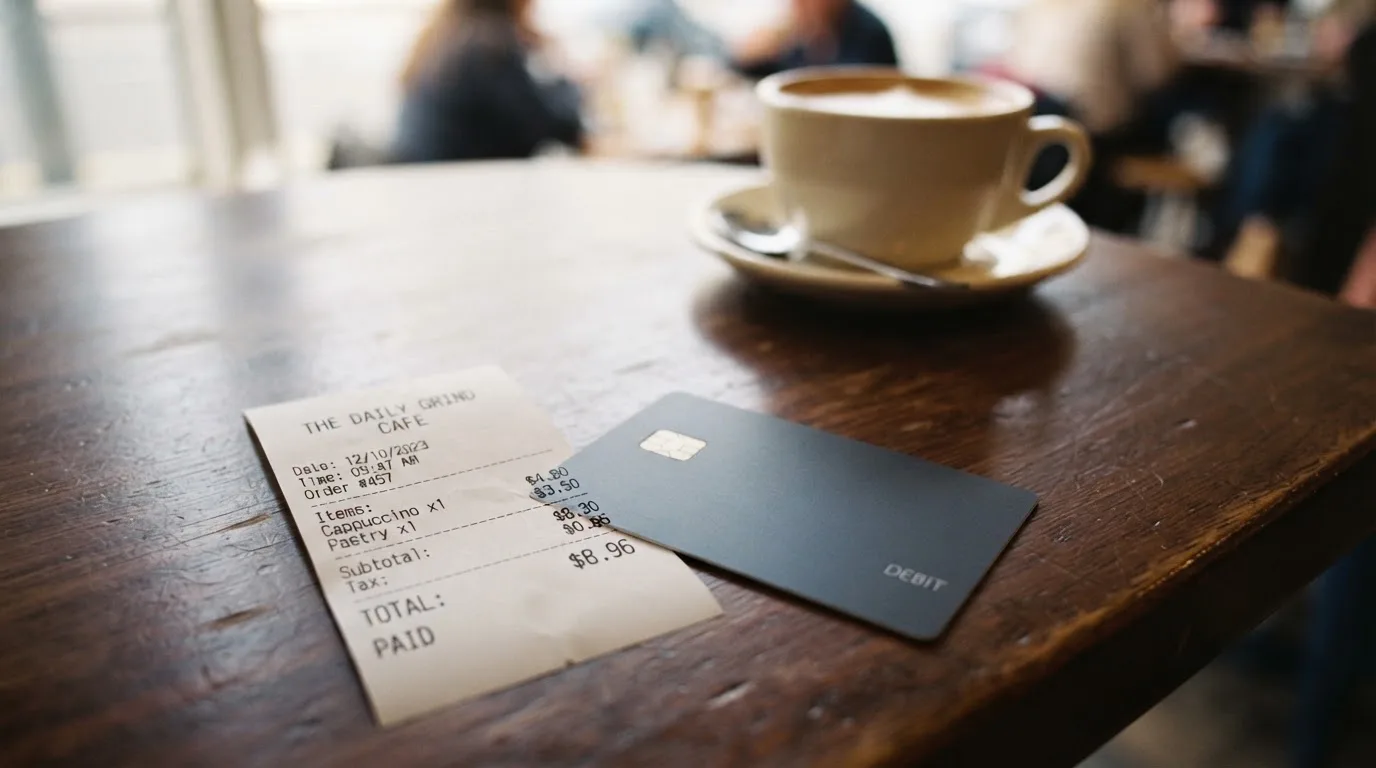 A receipt and a card on a café table