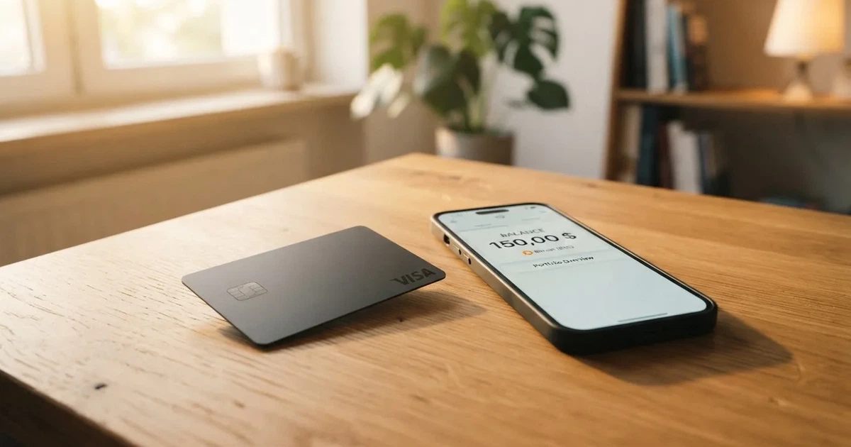 A payment card next to a phone with a crypto wallet app open