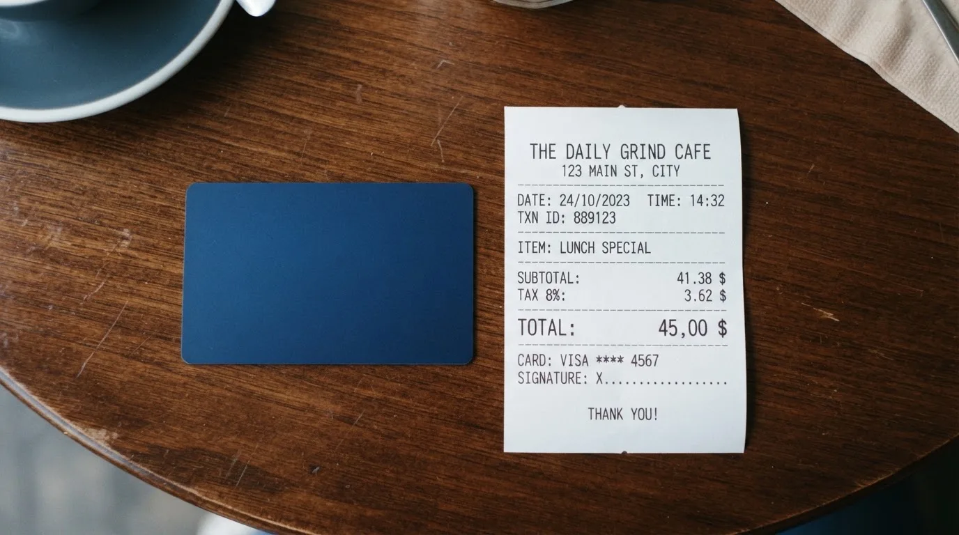 A receipt and a card on a café table