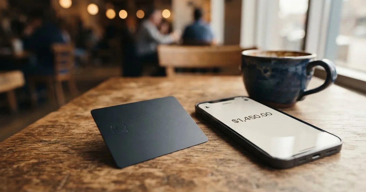 A payment card next to a phone with a crypto wallet app open