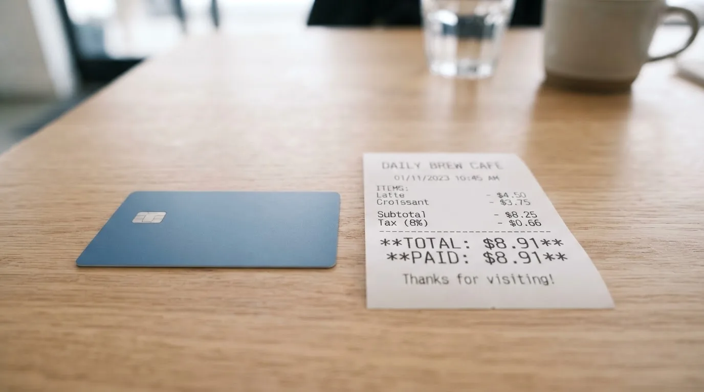 A receipt and a card on a café table