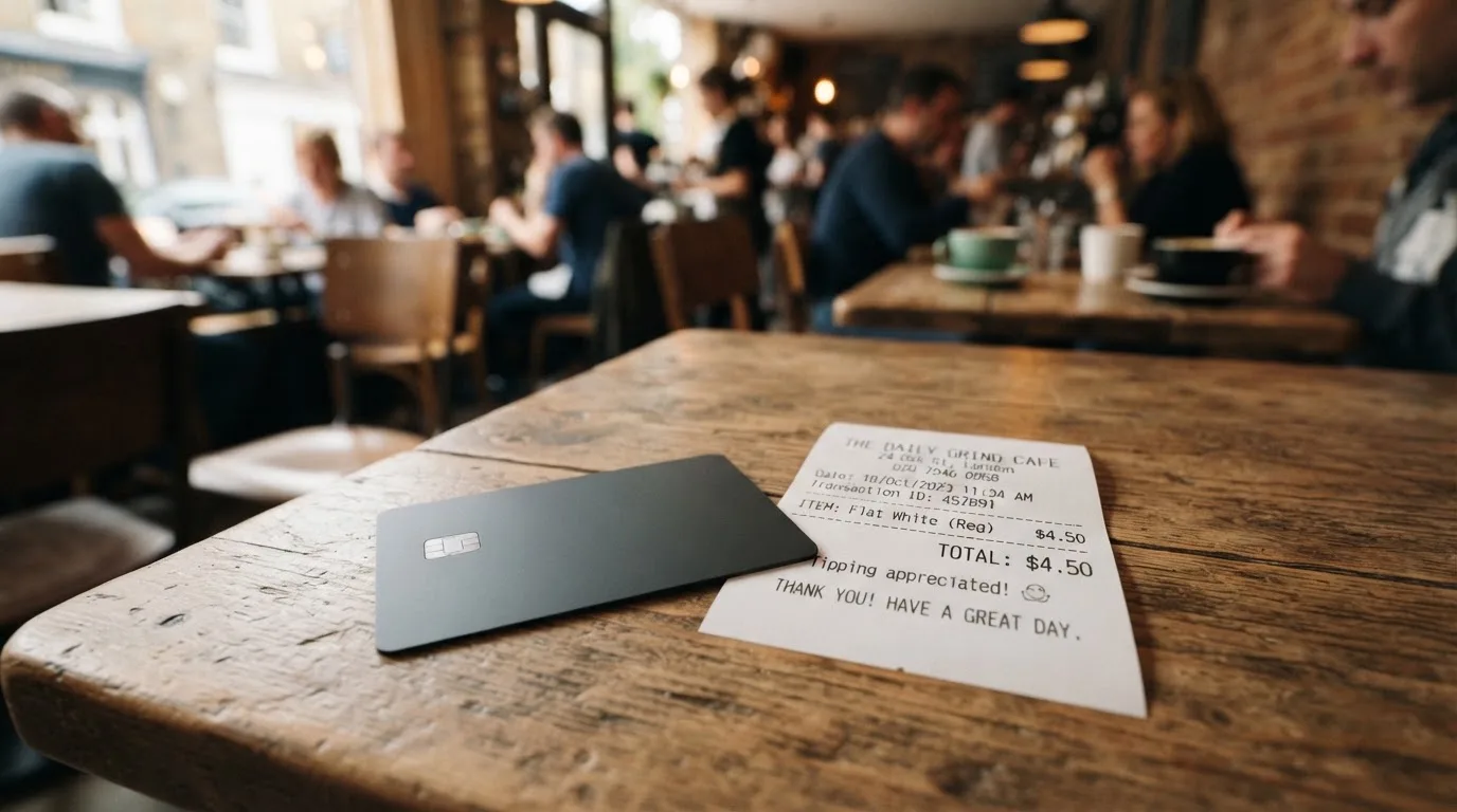 A receipt and a card on a café table