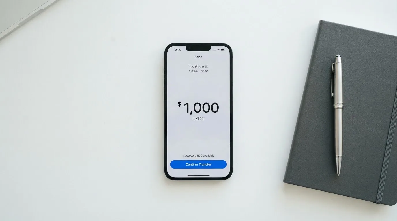 A phone showing a stablecoin transfer screen