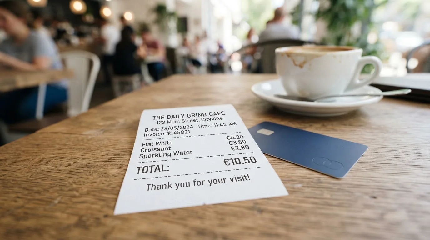 A receipt and a card on a café table